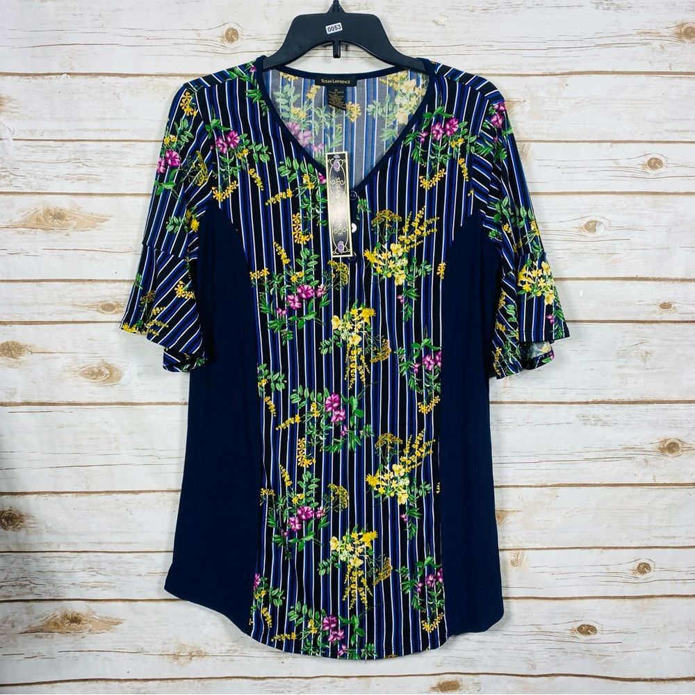 Susan Lawrence Women's Short Sleeve Navy Floral Stripe Blouse Size M